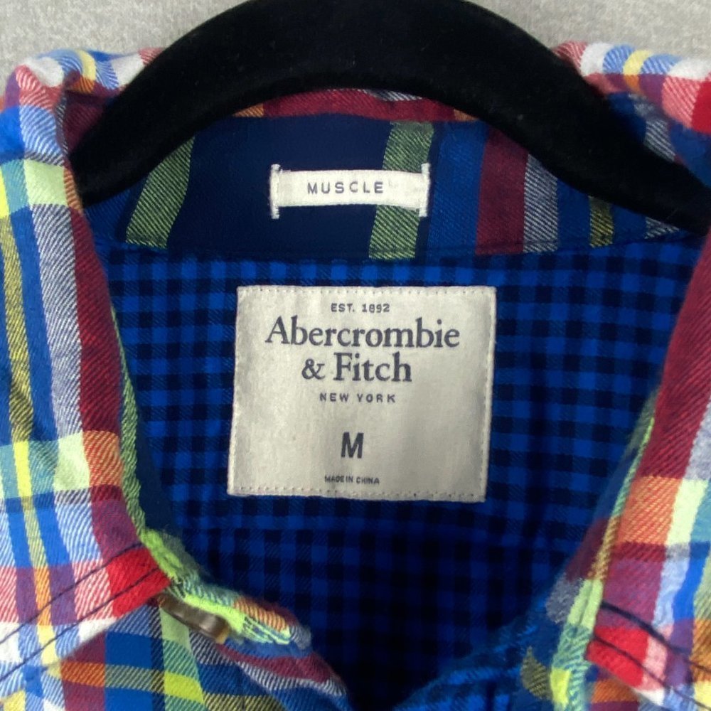 Abercrombie & Fitch Shirt Mens‎ Medium Muscle Flannel Blue Green Plaid Button Up - Picture 3 of 13
